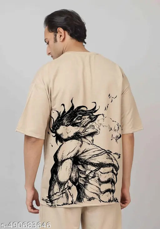 Baggy Cotton Round Neck T-Shirt (Beige) | Anime Print Oversized T-Shirt | Oversize T-Shirt | Baggy T-Shirt |