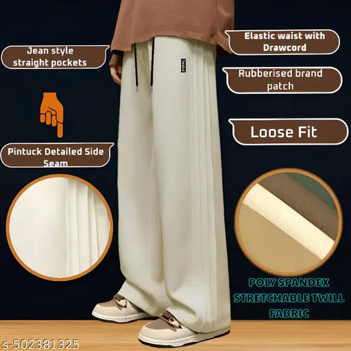 Men's Fashion-Forward Baggy Joggers | Straight-Fit Stretchable Poly-Spandex Gym, Running & Casual Pants | Korean-Style Track Pants with Pintuck Side Seams