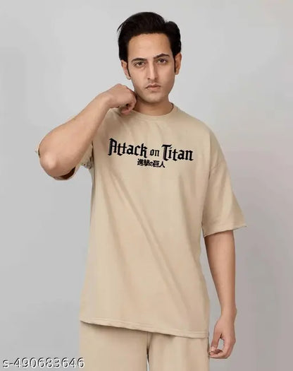 Baggy Cotton Round Neck T-Shirt (Beige) | Anime Print Oversized T-Shirt | Oversize T-Shirt | Baggy T-Shirt |